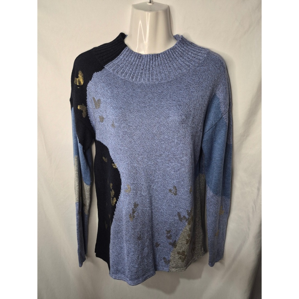 NIC+ZOE Blue Color Block Metallic Gold Heart Knit Sweater Small Mindfully Made